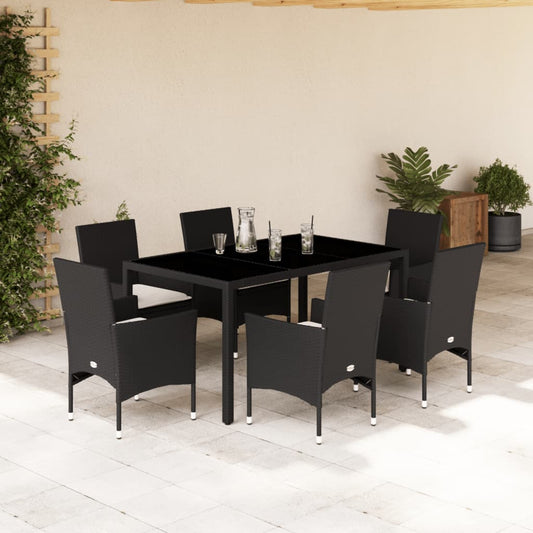 Ensemble à manger de jardin et coussins 7 pcs noir rotin acacia