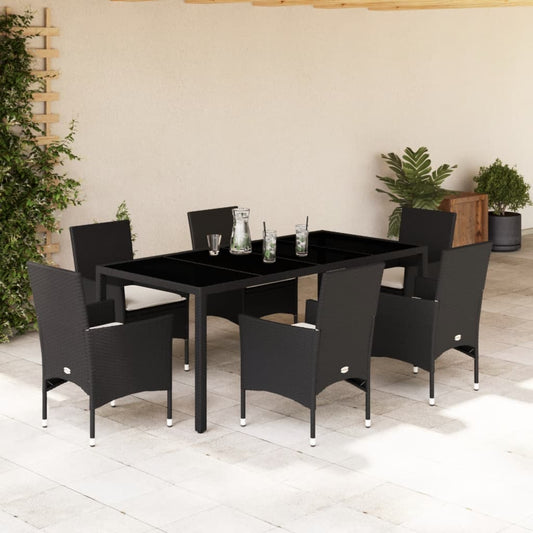 Ensemble à manger de jardin et coussins 7 pcs noir rotin acacia