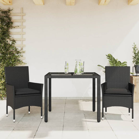 Ensemble à manger de jardin et coussins 3 pcs noir rotin verre