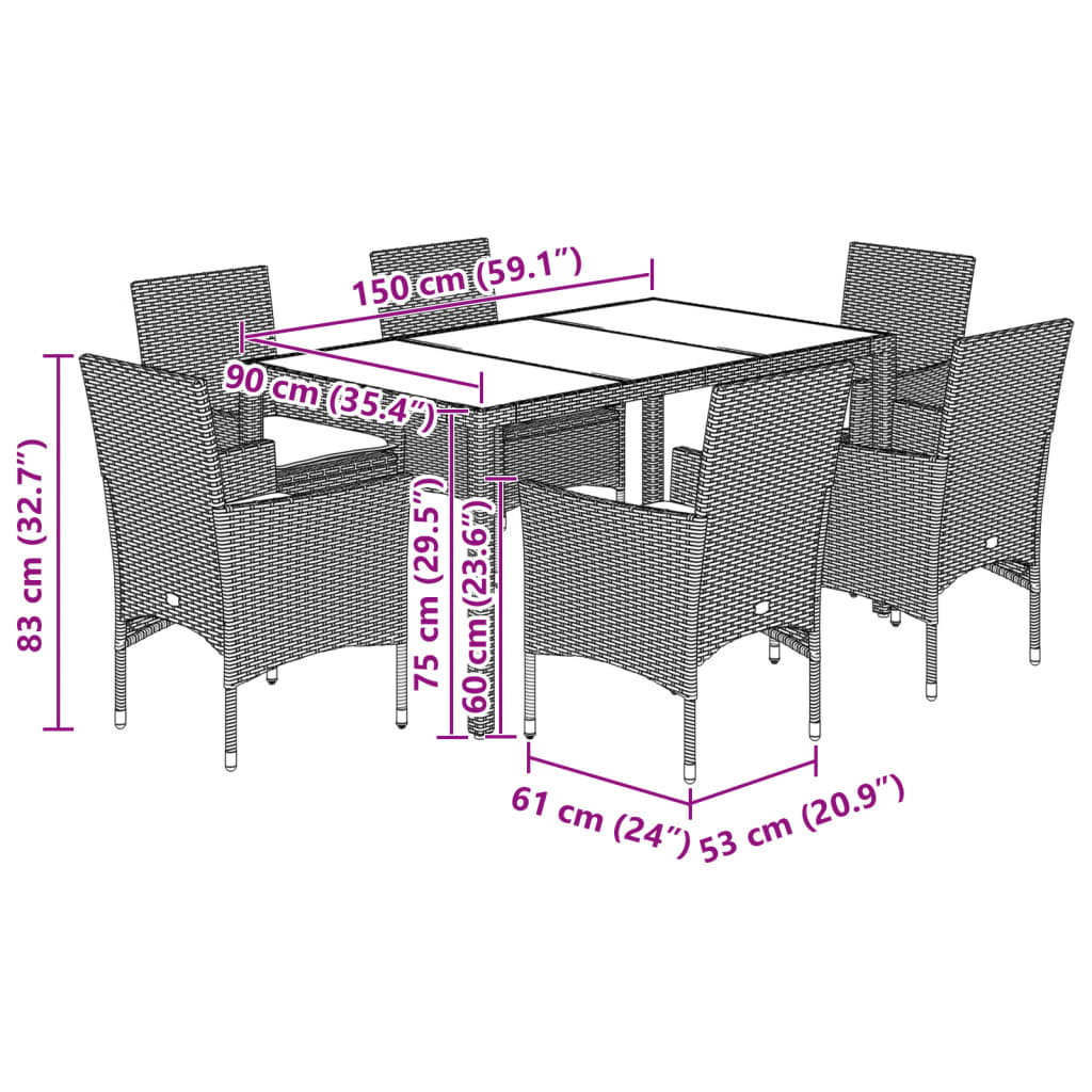 Ensemble à manger de jardin et coussins 5 pcs noir rotin verre