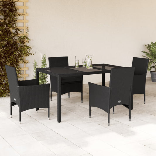 Ensemble à manger de jardin et coussins 5 pcs noir rotin verre