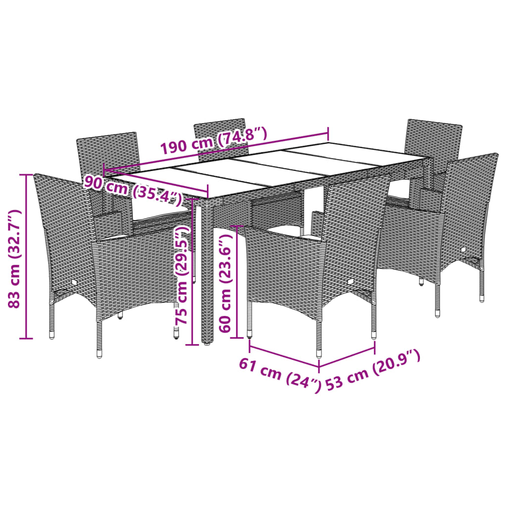 Ensemble à manger de jardin et coussins 7 pcs noir rotin acacia