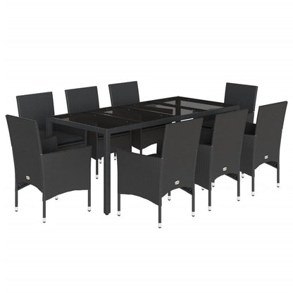 Ensemble à manger de jardin et coussins 9 pcs noir rotin verre