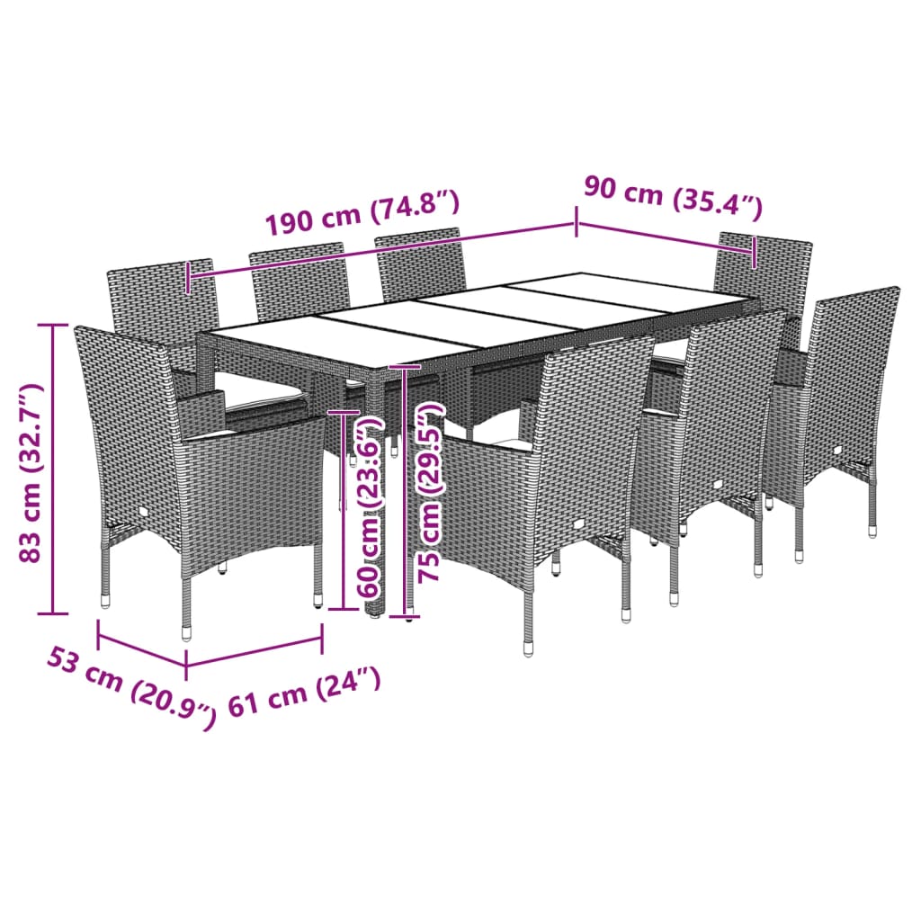 Ensemble à manger de jardin et coussins 9 pcs noir rotin verre