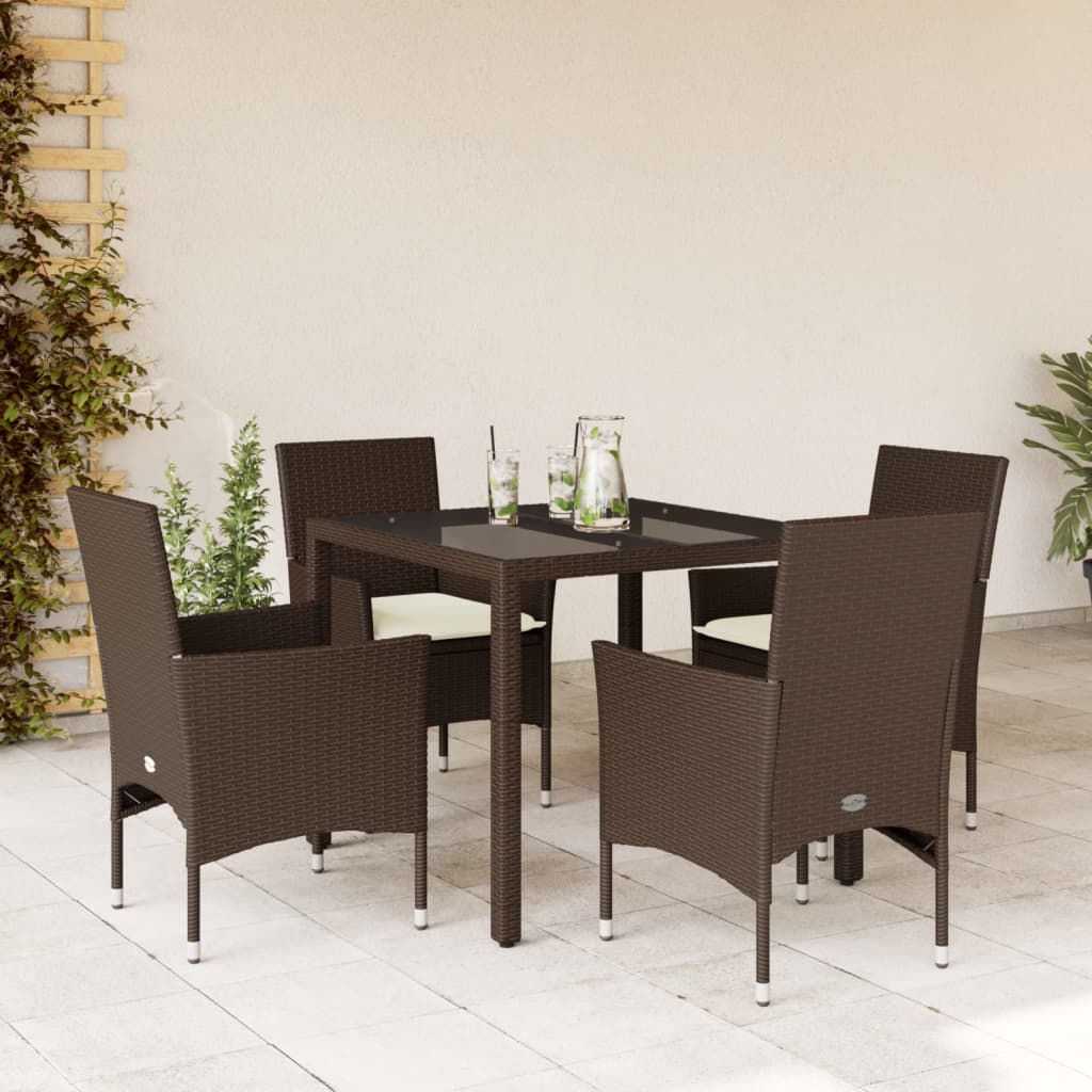 Ensemble à manger de jardin et coussins 5pcs marron rotin verre