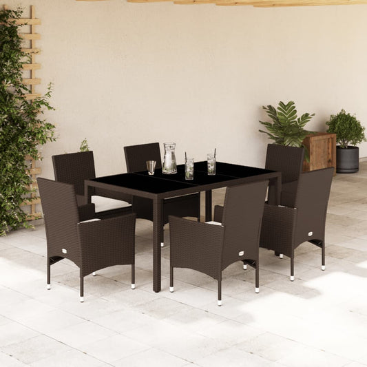 Ensemble à manger de jardin et coussins 7pcs marron rotin verre