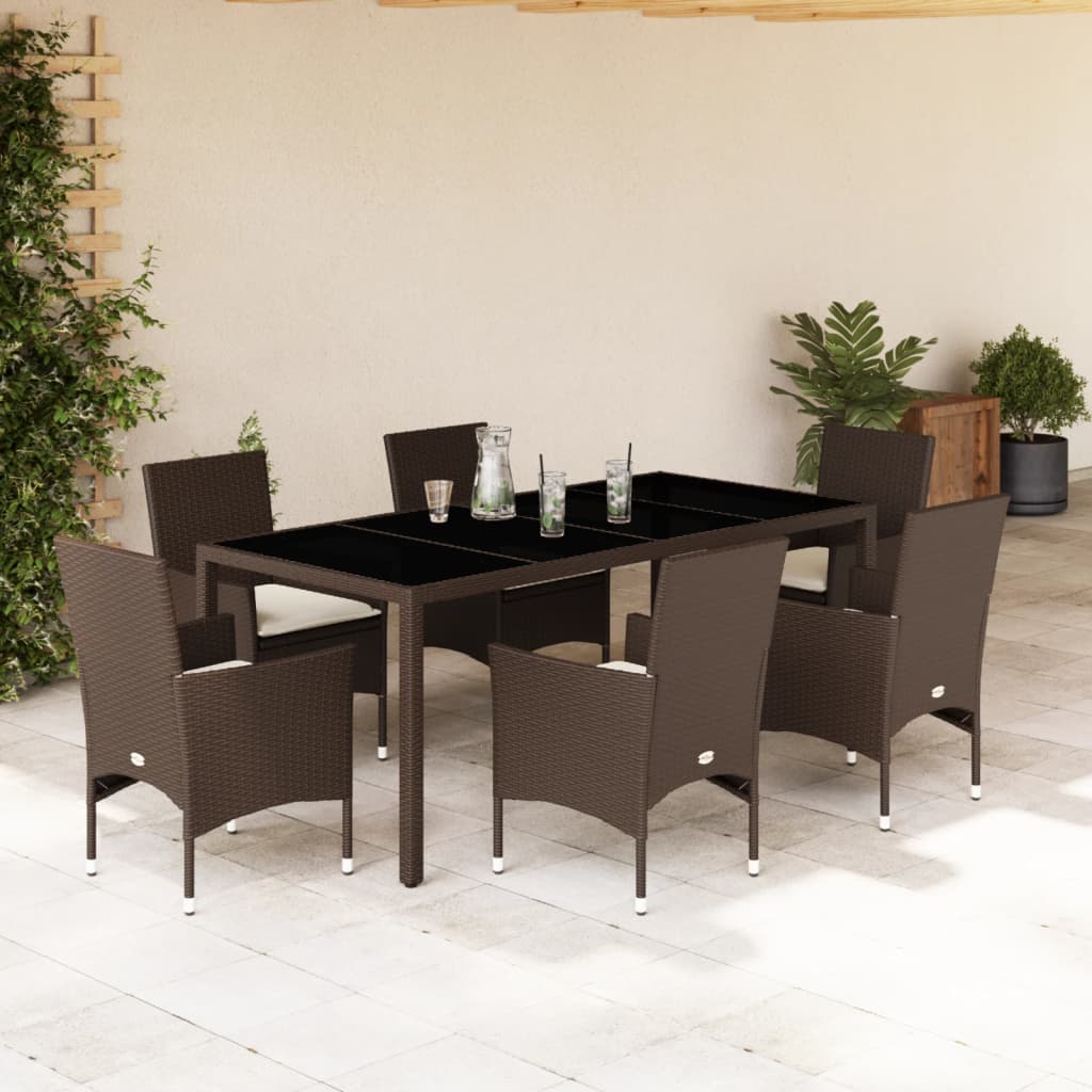 Ensemble à manger de jardin et coussins 7pcs marron rotin verre