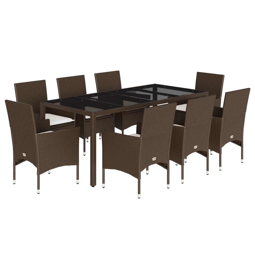 Ensemble à manger de jardin et coussins 9pcs marron rotin verre