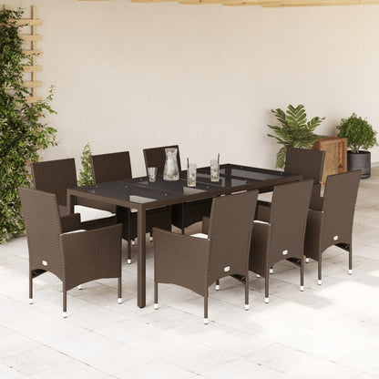 Ensemble à manger de jardin et coussins 9pcs marron rotin verre