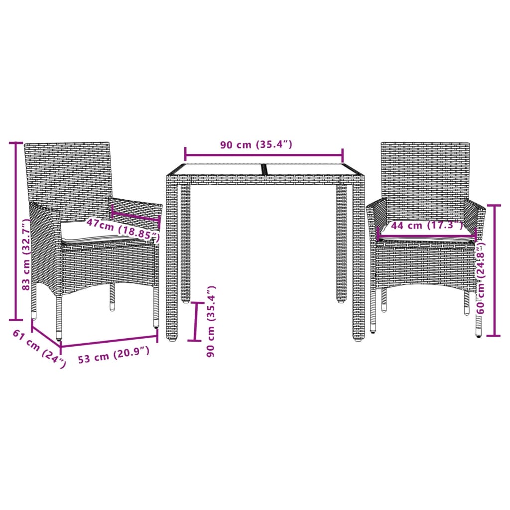 Ensemble à manger de jardin et coussins 3 pcs gris rotin verre