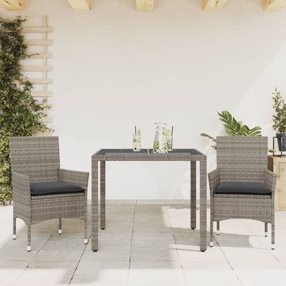 Ensemble à manger de jardin et coussins 3 pcs gris rotin verre