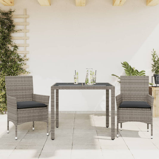 Ensemble à manger de jardin et coussins 3 pcs gris rotin verre