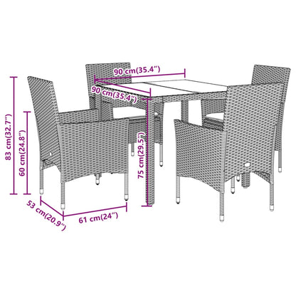 Ensemble à manger de jardin et coussins 5 pcs gris rotin verre