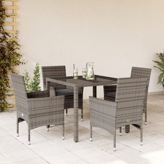 Ensemble à manger de jardin et coussins 5 pcs gris rotin verre