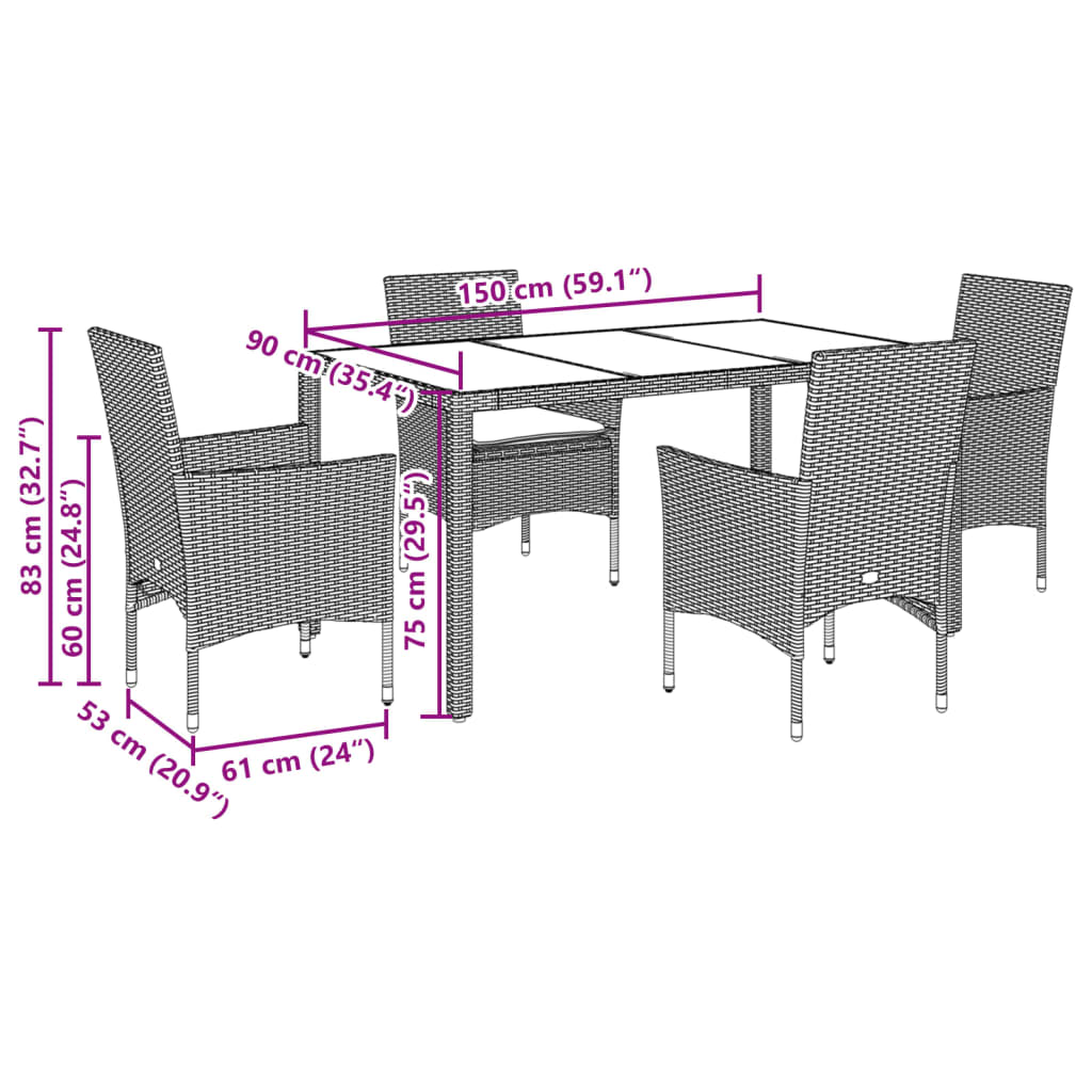 Ensemble à manger de jardin et coussins 5 pcs gris rotin verre