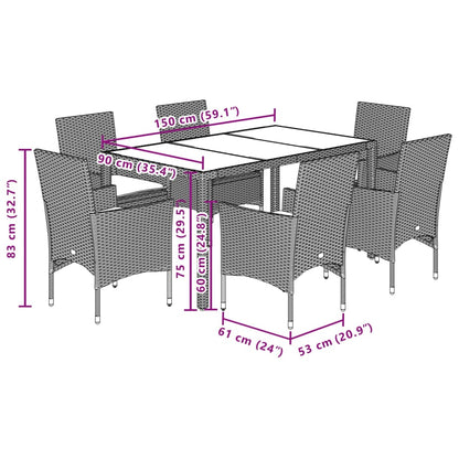 Ensemble à manger de jardin et coussins 7 pcs gris rotin verre