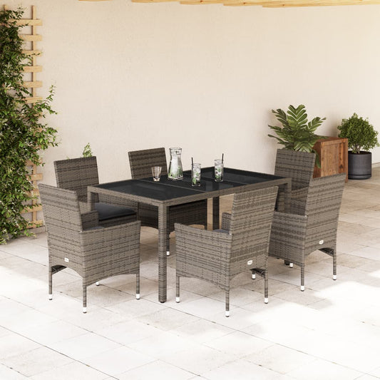 Ensemble à manger de jardin et coussins 7 pcs gris rotin verre