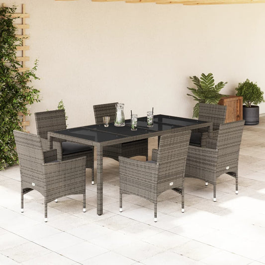 Ensemble à manger de jardin et coussins 7 pcs gris rotin verre