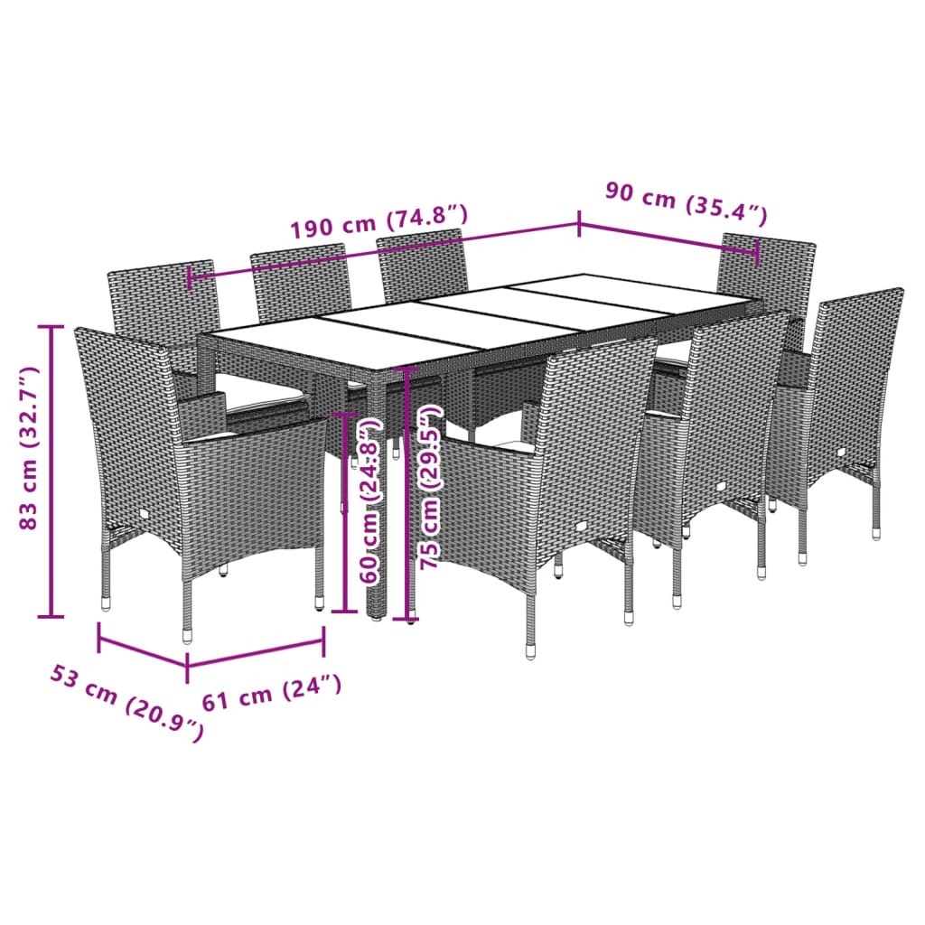 Ensemble à manger de jardin et coussins 9 pcs gris rotin verre