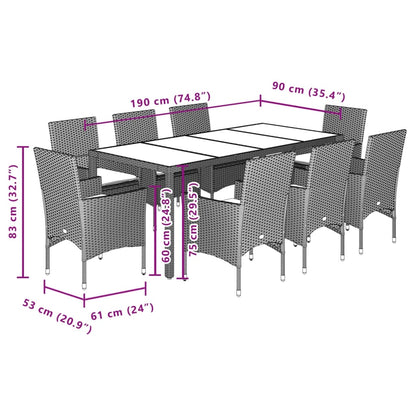 Ensemble à manger de jardin et coussins 9 pcs gris rotin verre