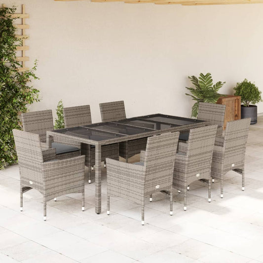 Ensemble à manger de jardin et coussins 9 pcs gris rotin verre