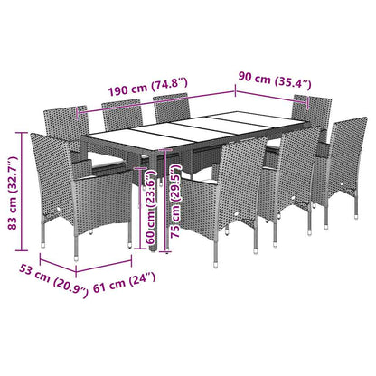 Ensemble à manger de jardin et coussins 9 pcs beige rotin verre