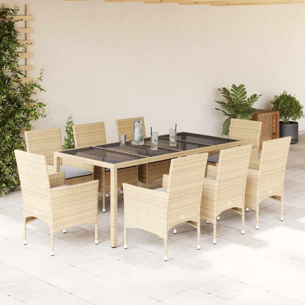 Ensemble à manger de jardin et coussins 9 pcs beige rotin verre