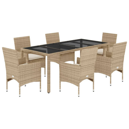 Ensemble à manger de jardin et coussins 7 pcs beige rotin verre