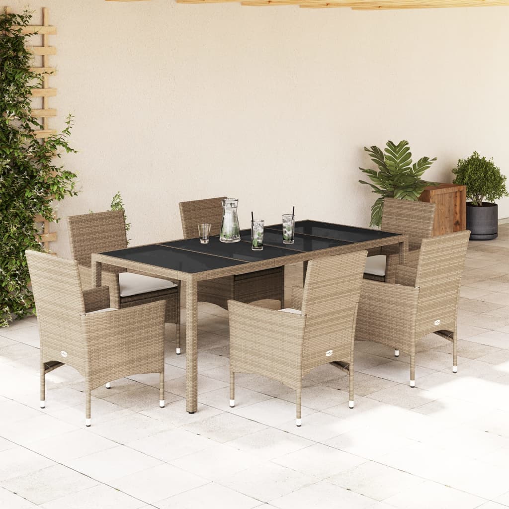 Ensemble à manger de jardin et coussins 7 pcs beige rotin verre