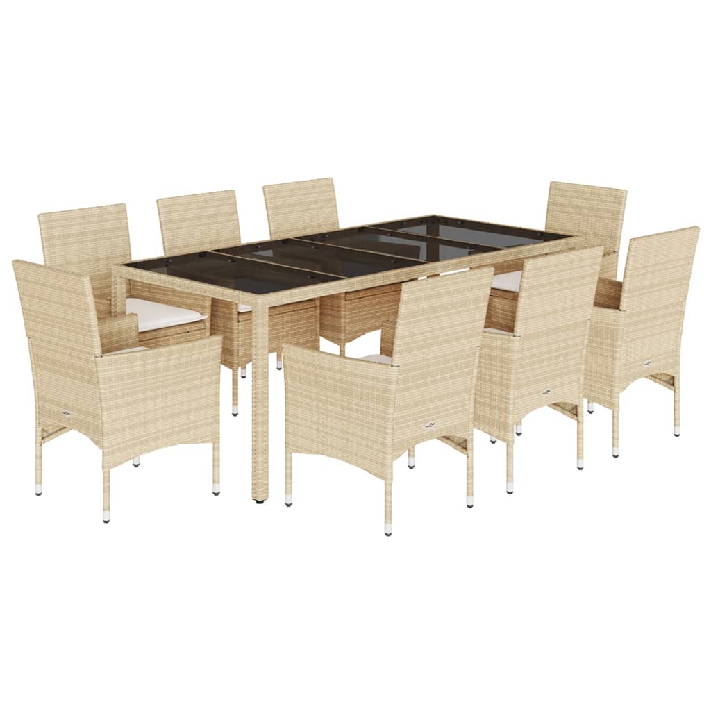 Ensemble à manger de jardin et coussins 9 pcs beige rotin verre