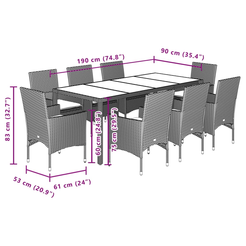 Ensemble à manger de jardin et coussins 9 pcs beige rotin verre