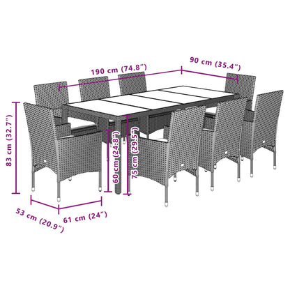 Ensemble à manger de jardin et coussins 9 pcs beige rotin verre