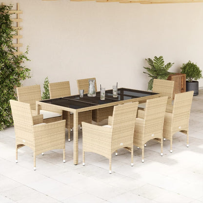 Ensemble à manger de jardin et coussins 9 pcs beige rotin verre