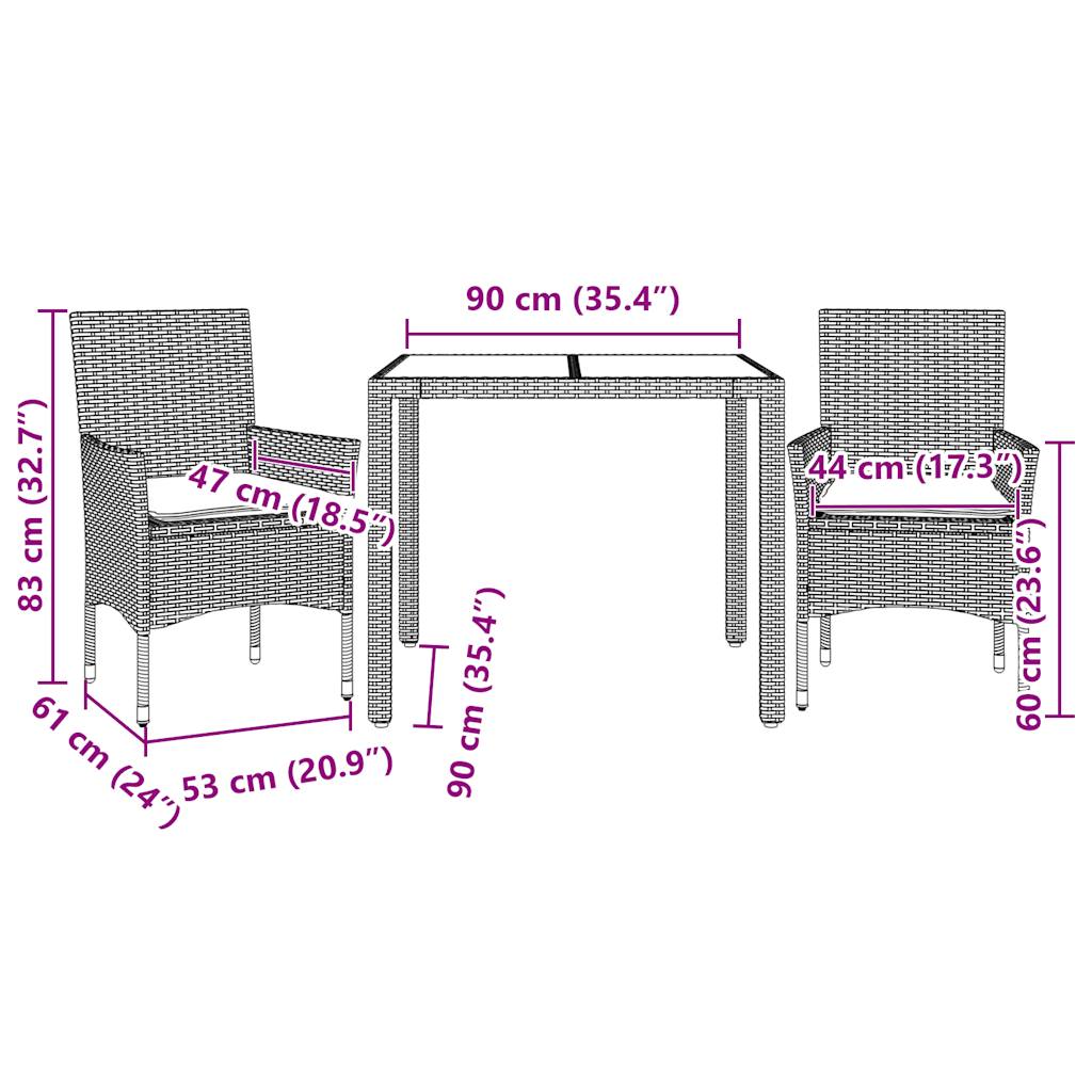 Ensemble à manger de jardin avec coussins 3 pcs rotin et verre