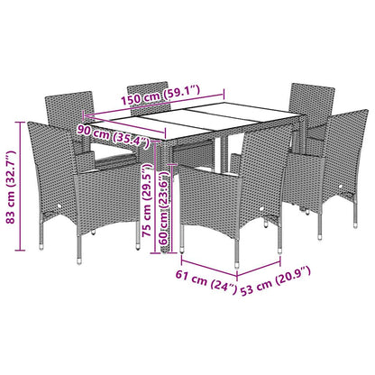 Ensemble à manger de jardin avec coussins 7 pcs rotin et verre