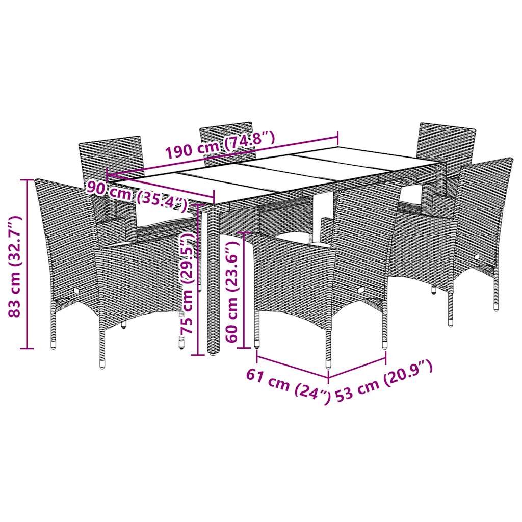 Ensemble à manger de jardin avec coussins 7 pcs rotin et verre