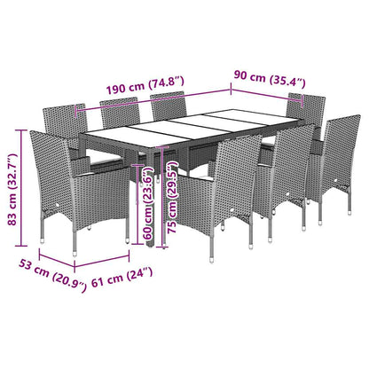 Ensemble à manger de jardin avec coussins 9 pcs rotin et verre