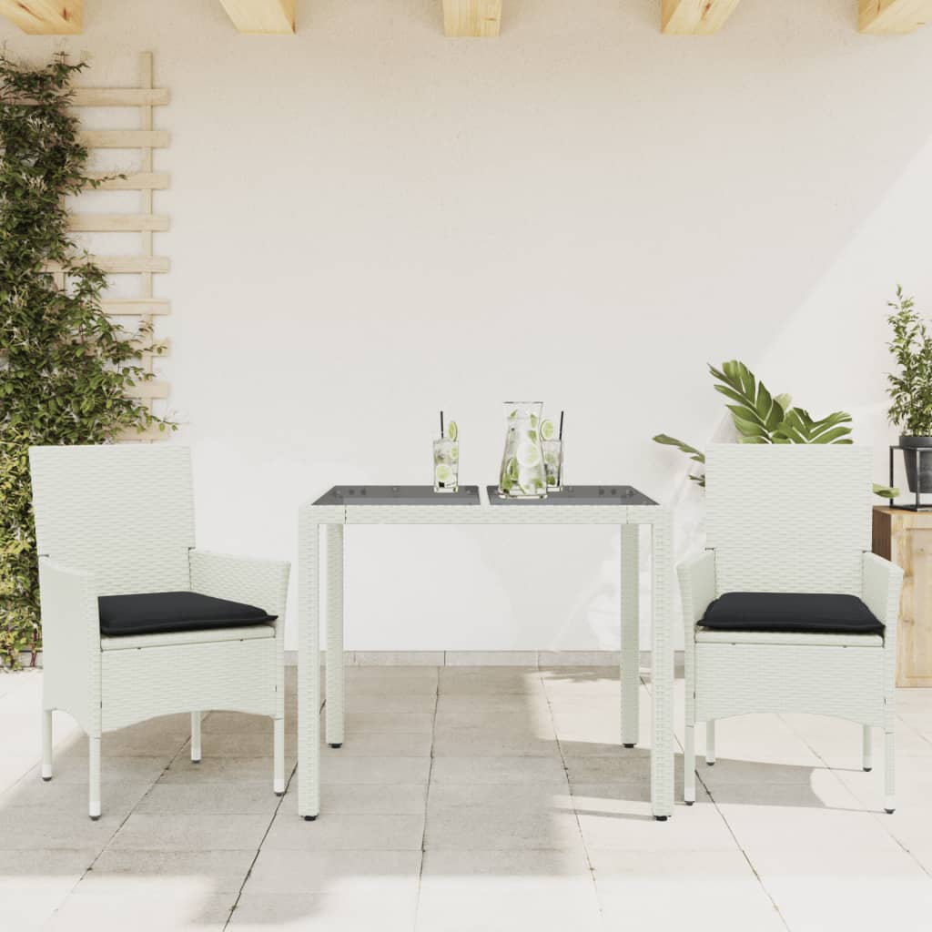 Ensemble à manger de jardin et coussins 3 pcs blanc rotin verre