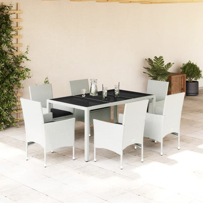 Ensemble à manger de jardin et coussins 7 pcs blanc rotin verre