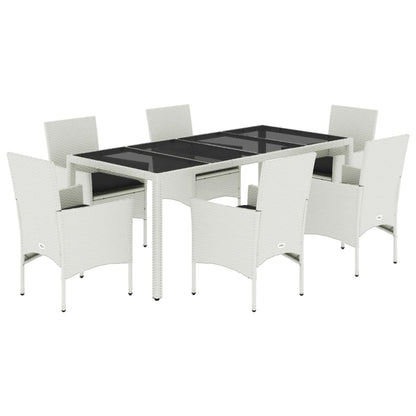 Ensemble à manger de jardin et coussins 7 pcs blanc rotin verre