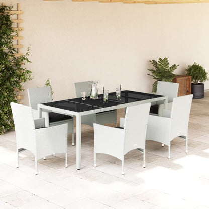 Ensemble à manger de jardin et coussins 7 pcs blanc rotin verre