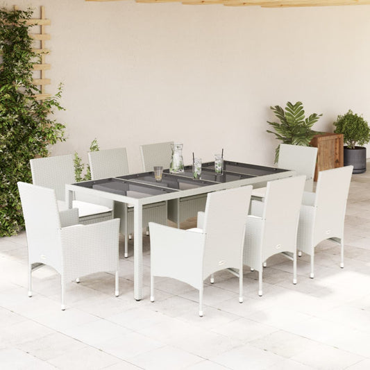 Ensemble à manger de jardin et coussins 9 pcs blanc rotin verre