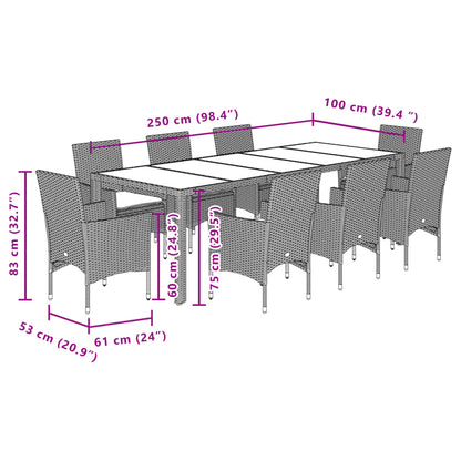 Ensemble à manger de jardin et coussins 9 pcs noir rotin verre