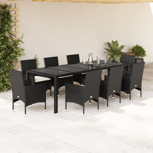 Ensemble à manger de jardin et coussins 9 pcs noir rotin verre