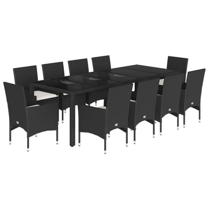 Ensemble à manger de jardin et coussins 11 pcs noir rotin verre