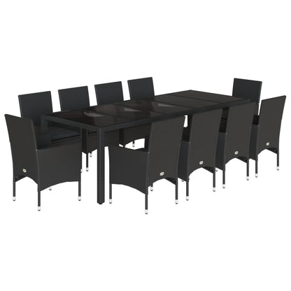 Ensemble à manger de jardin et coussins 11 pcs noir rotin verre