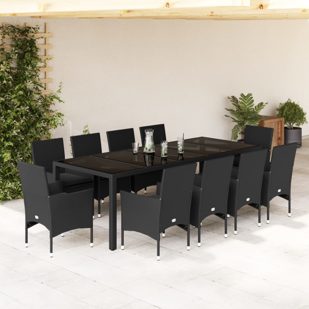 Ensemble à manger de jardin et coussins 11 pcs noir rotin verre