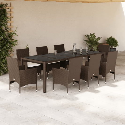 Ensemble à manger de jardin et coussins 9pcs marron rotin verre