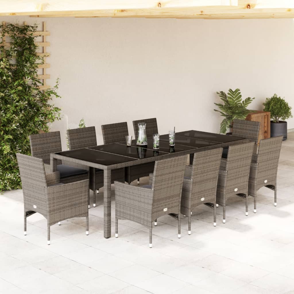 Ensemble à manger de jardin et coussins 11 pcs gris rotin verre