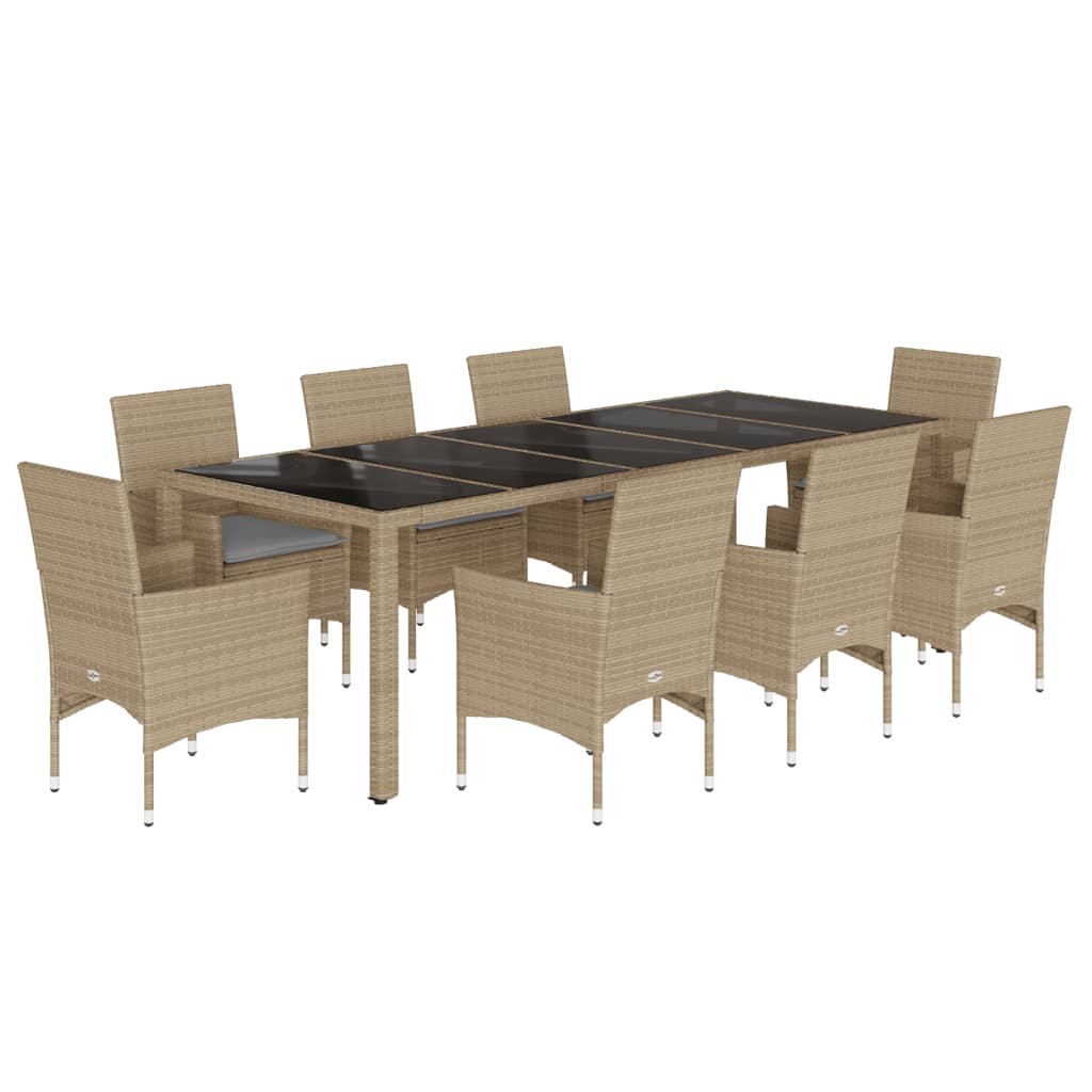 Ensemble à manger de jardin et coussins 9 pcs beige rotin verre